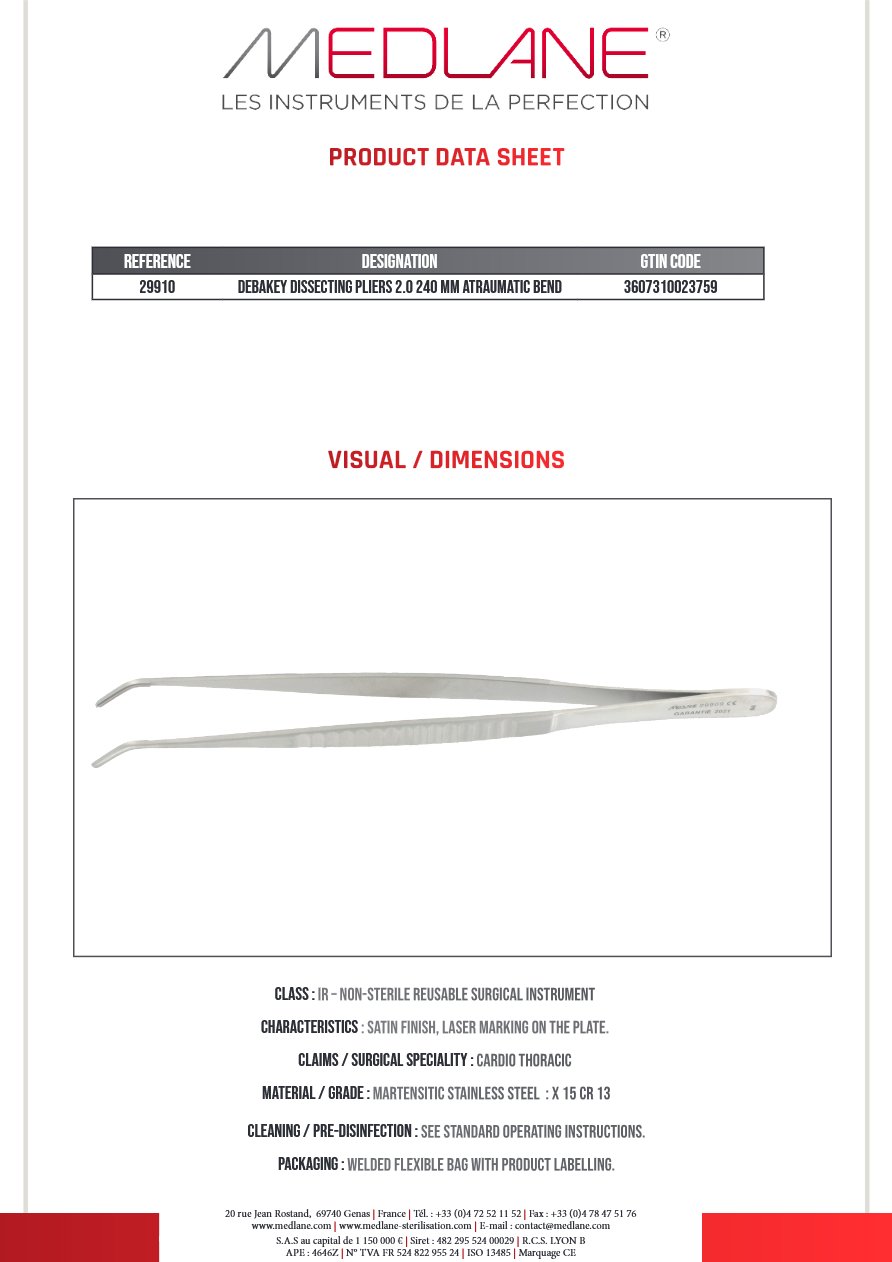 Photo produit MEDLANE : Pince Dissection Debakey 2.0 240 mm Coudee Atrauma, référence 29910P