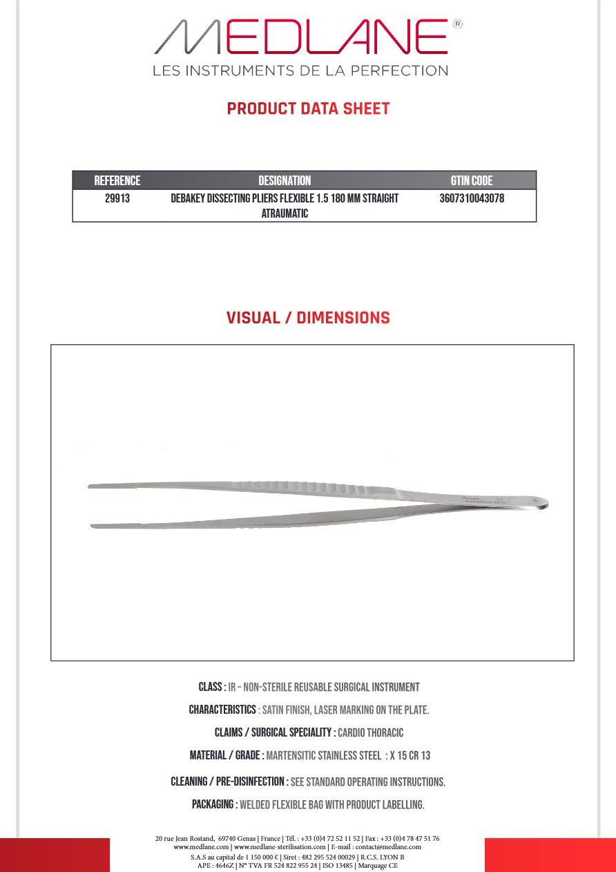 Photo produit MEDLANE : Pince Dissection Debakey Souple 1.5 180 mm Droit Atrauma, référence 29913P