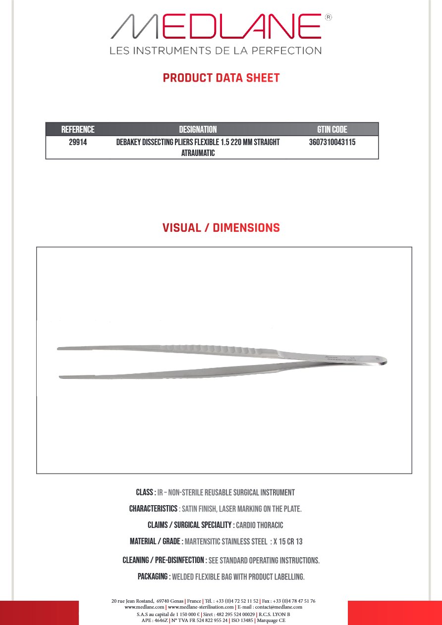 Pince Dissection Debakey Souple 1.5 220 mm Droit Atrauma — REF 29914P