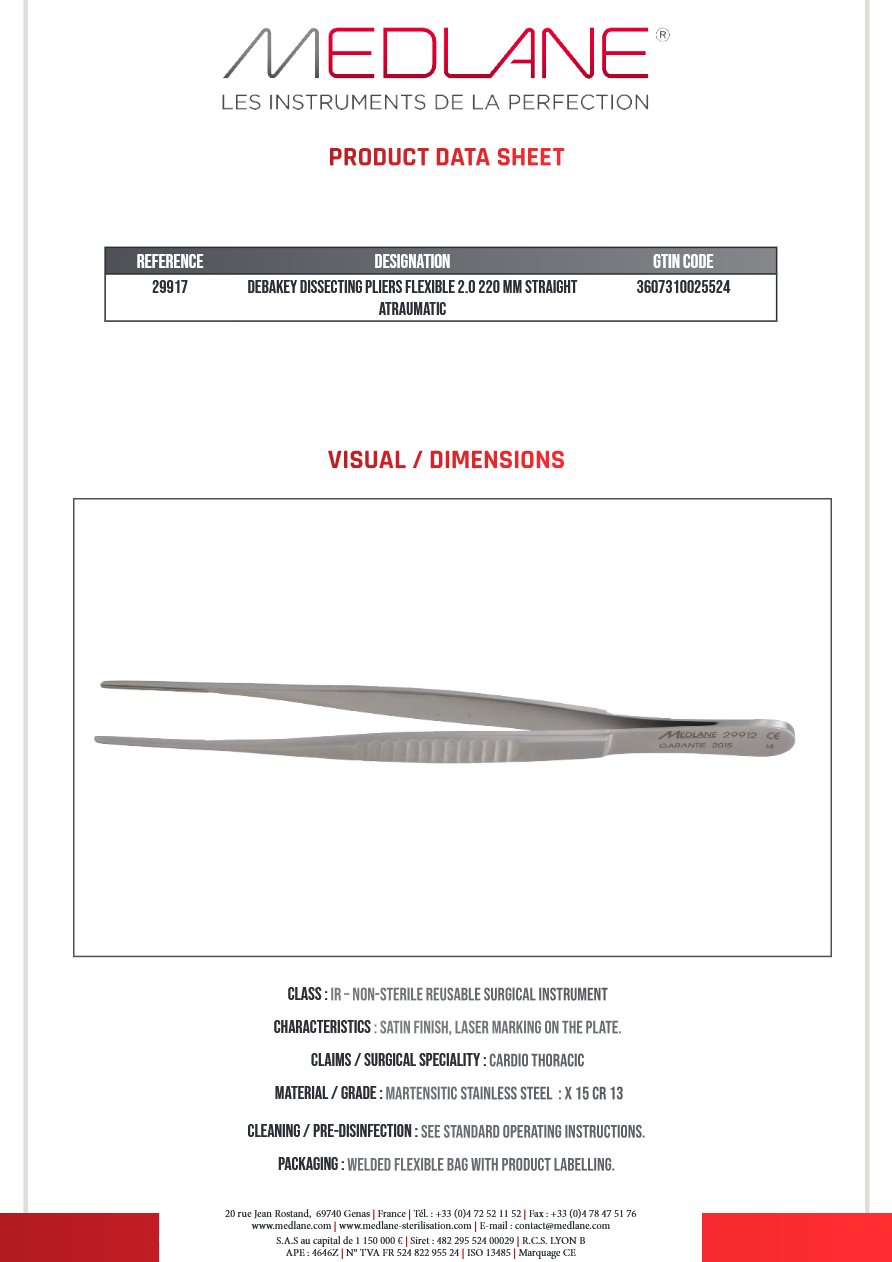Photo produit MEDLANE : Pince Dissection Debakey Souple 2.0 220 mm Droit Atrauma, référence 29917P