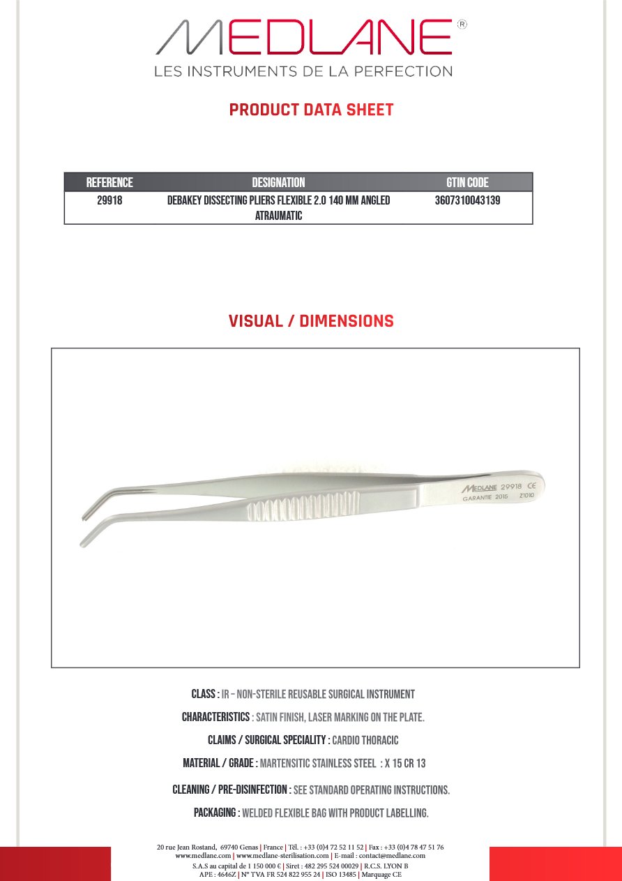 Photo produit MEDLANE : Pince Dissection Debakey Souple 2.0 140 mm Coudee Atrauma, référence 29918P