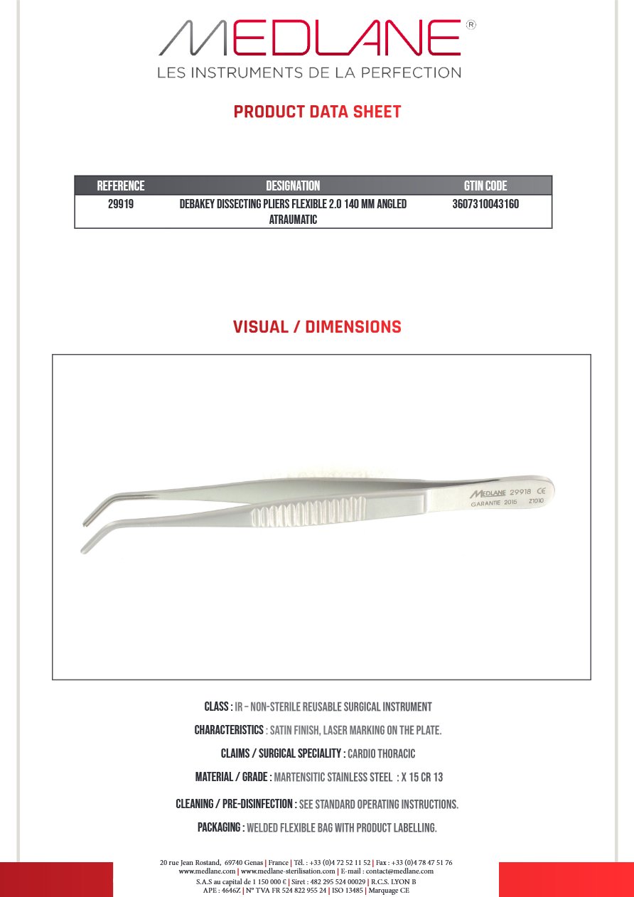 Pince Dissection Debakey Souple 2.0 180 mm Coudee Atrauma — REF 29919P