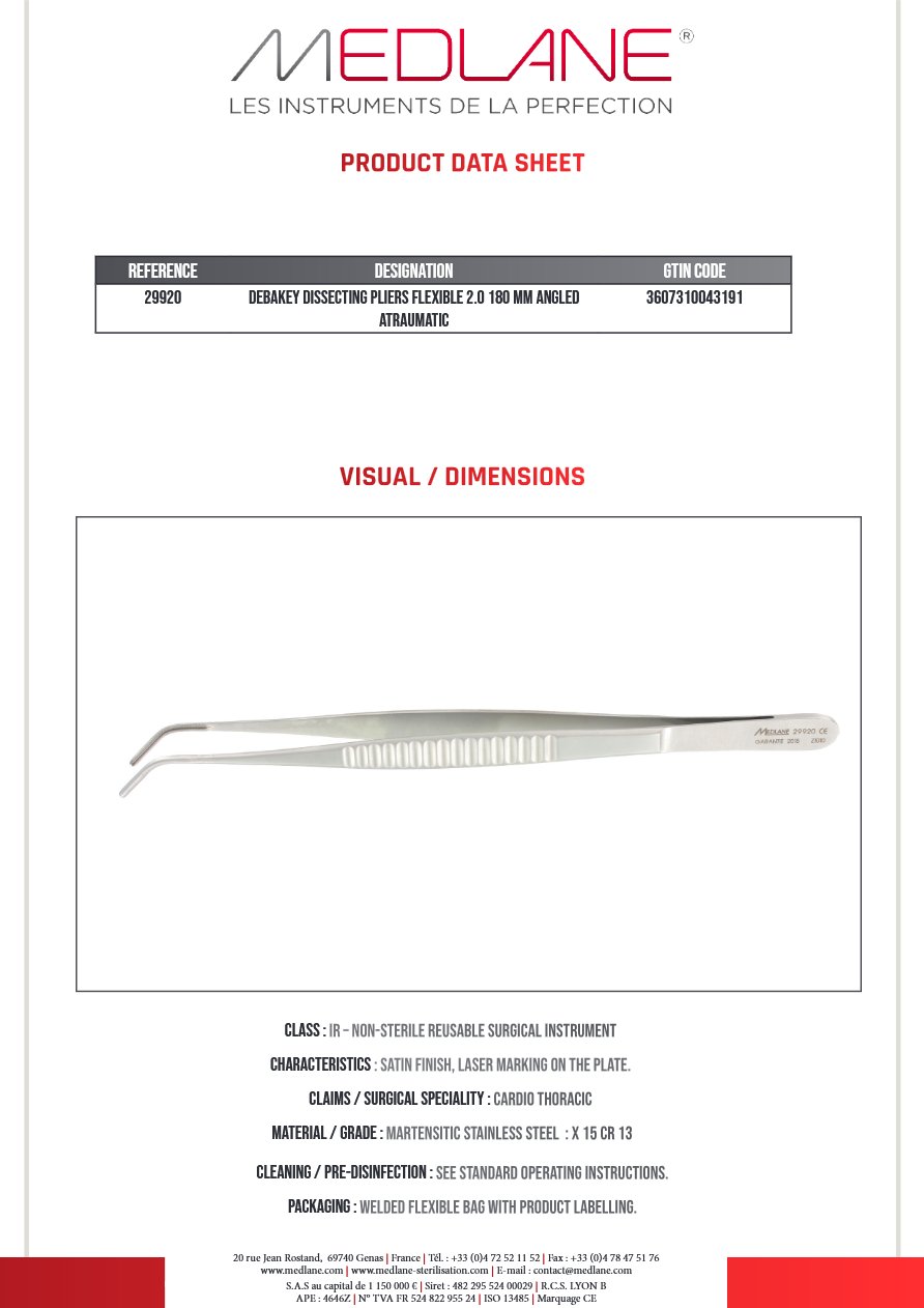 Pince Dissection Debakey Souple 2.0 220 mm Coudee Atrauma — REF 29920P