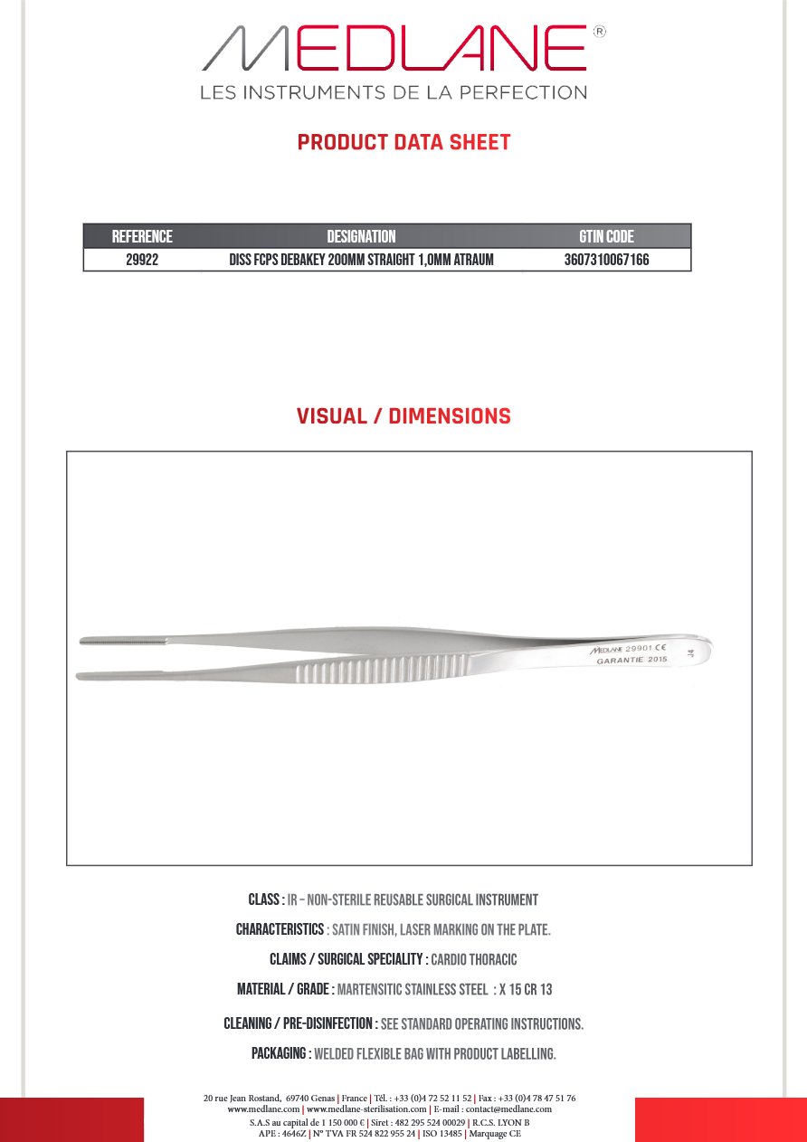 Pince Dissection Debakey 1.0 200 mm Droit Atrauma — REF 29922