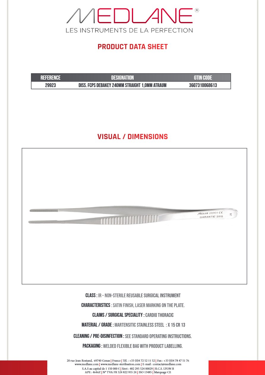 Pince Dissection Debakey 1.0 240 mm Droit Atrauma — REF 29923