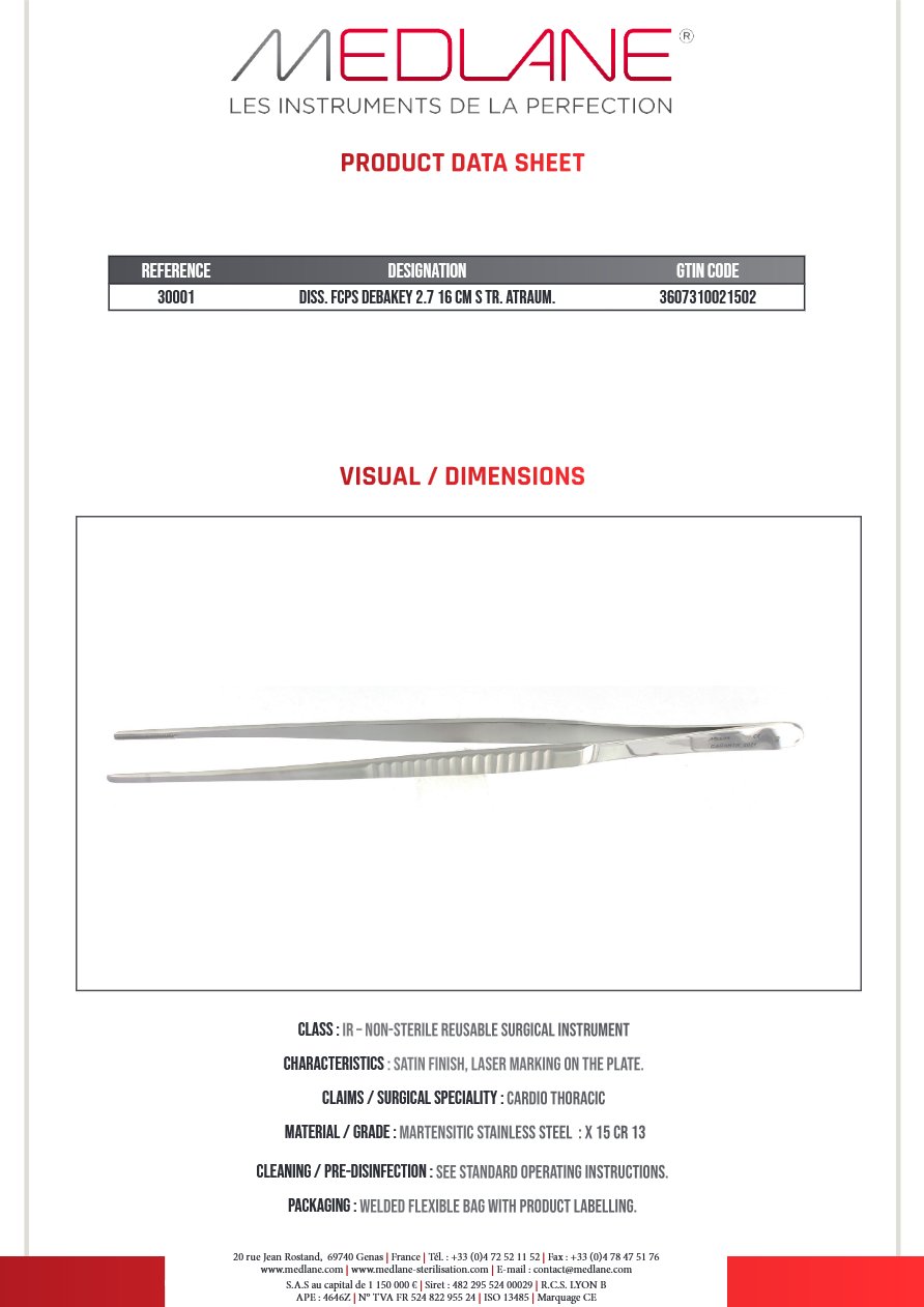Photo produit MEDLANE : Pince Dissection Debakey 2.7 160 mm Droit Atrauma, référence 30001P