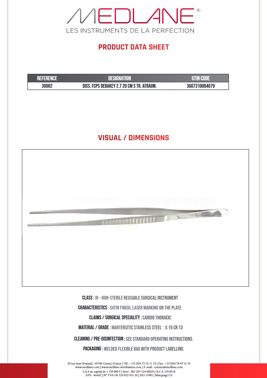 Photo produit MEDLANE : Pince Dissection Debakey 2.7 200 mm Droit Atrauma, référence 30002P