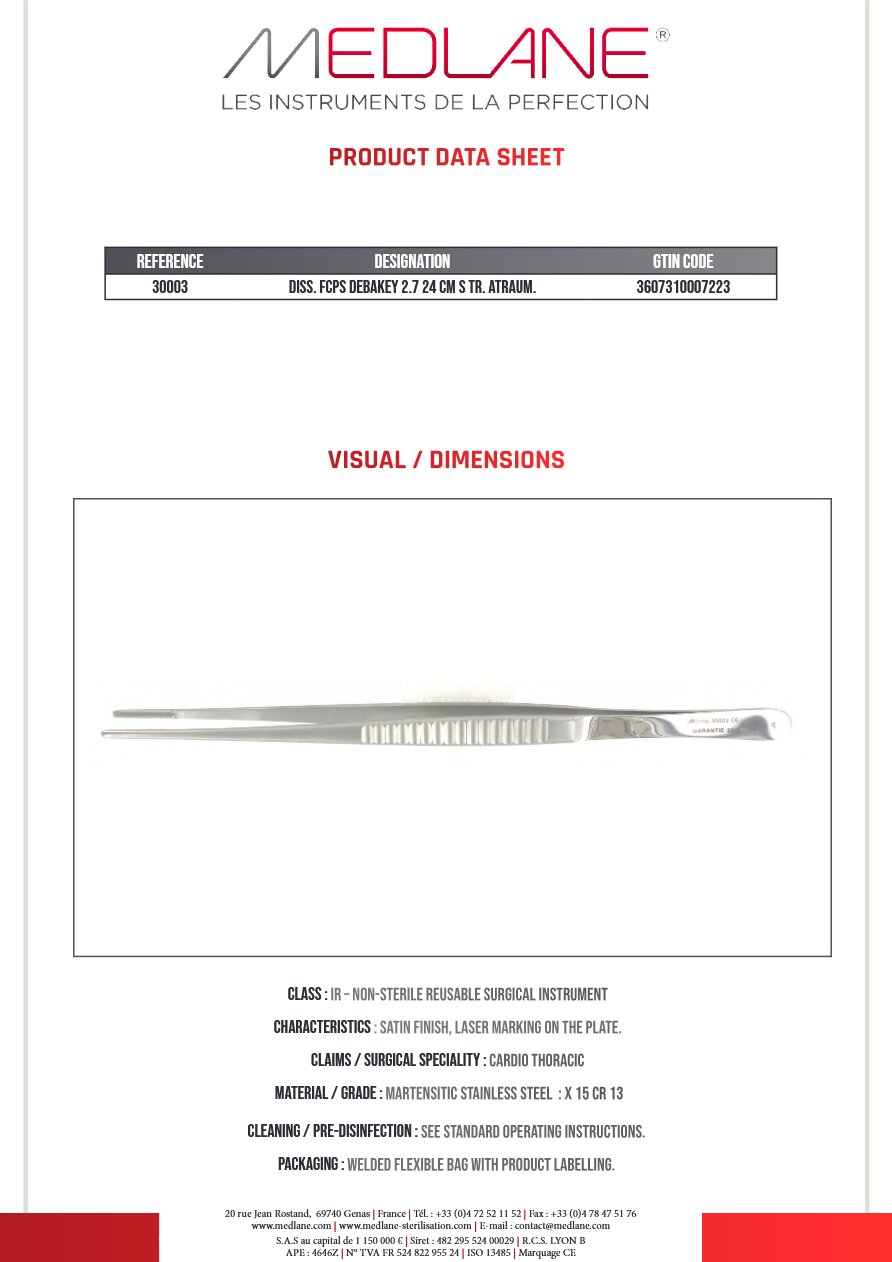 Photo produit MEDLANE : Pince Dissection Debakey 2.7 240 mm Droit Atrauma, référence 30003P