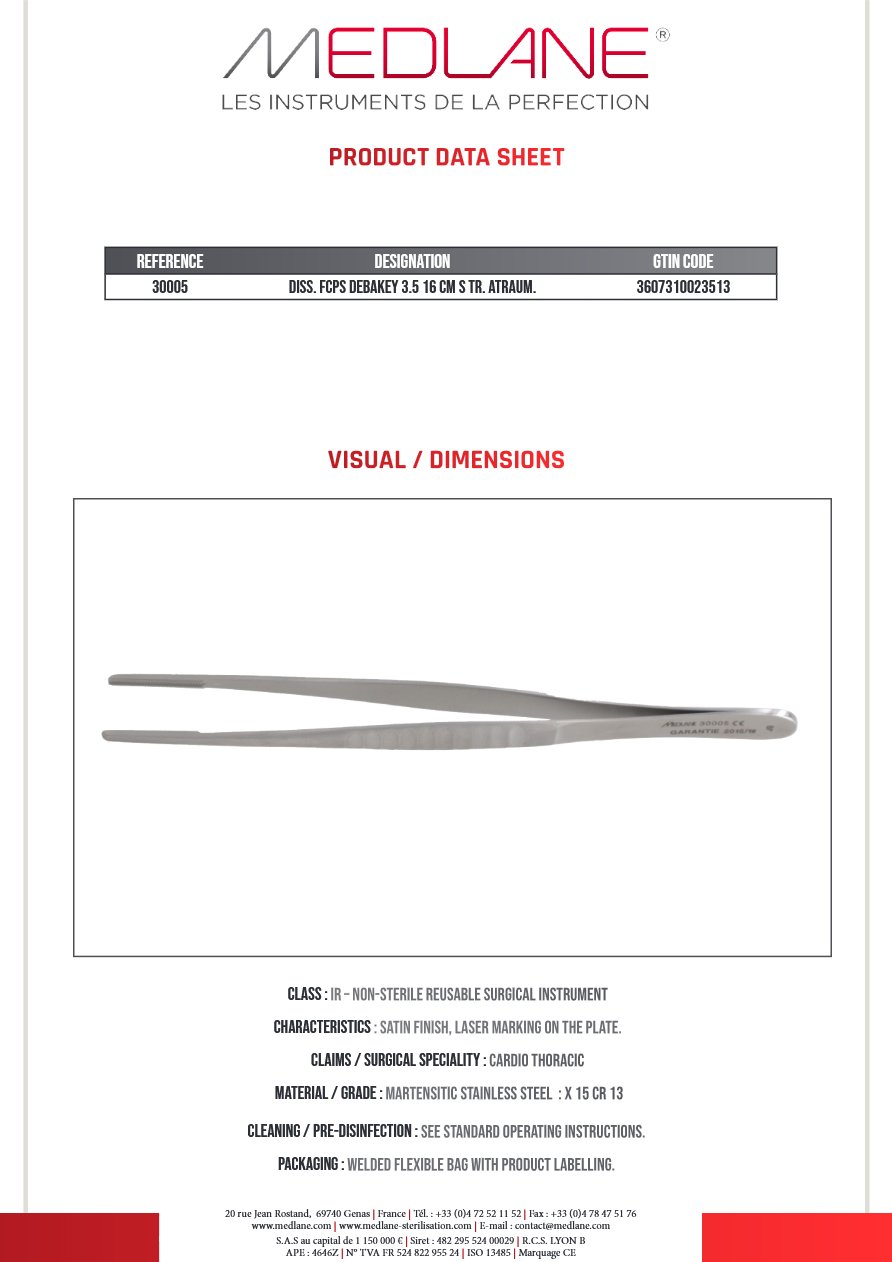 Pince Dissection Debakey 3.5 160 mm Droit Atrauma — REF 30005P