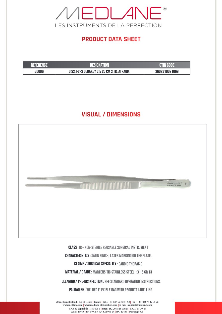 Photo produit MEDLANE : Pince Dissection Debakey 3.5 200 mm Droit Atrauma, référence 30006P