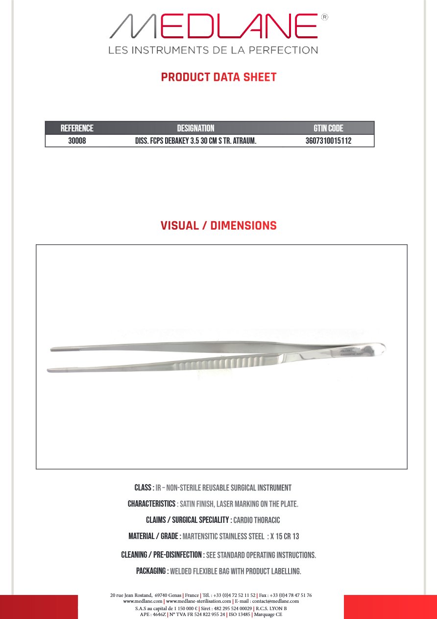 Photo produit MEDLANE : Pince Dissection Debakey 3.5 300 mm Droit Atrauma, référence 30008P
