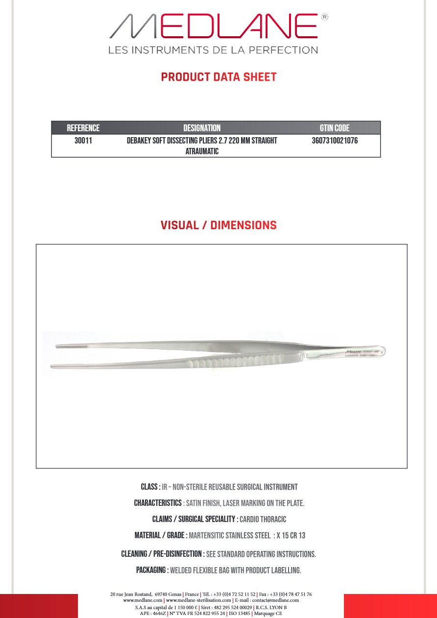 Pince Dissection Debakey Souple 2.7 220 mm Droit Atrauma — REF 30011P