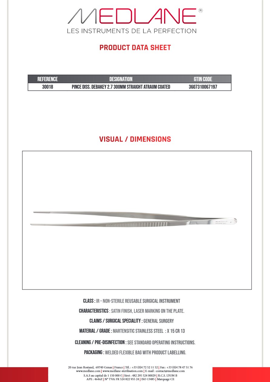 Pince Dissection Debakey 2.7 300 mm Droit Atrauma Isolee — REF 30018