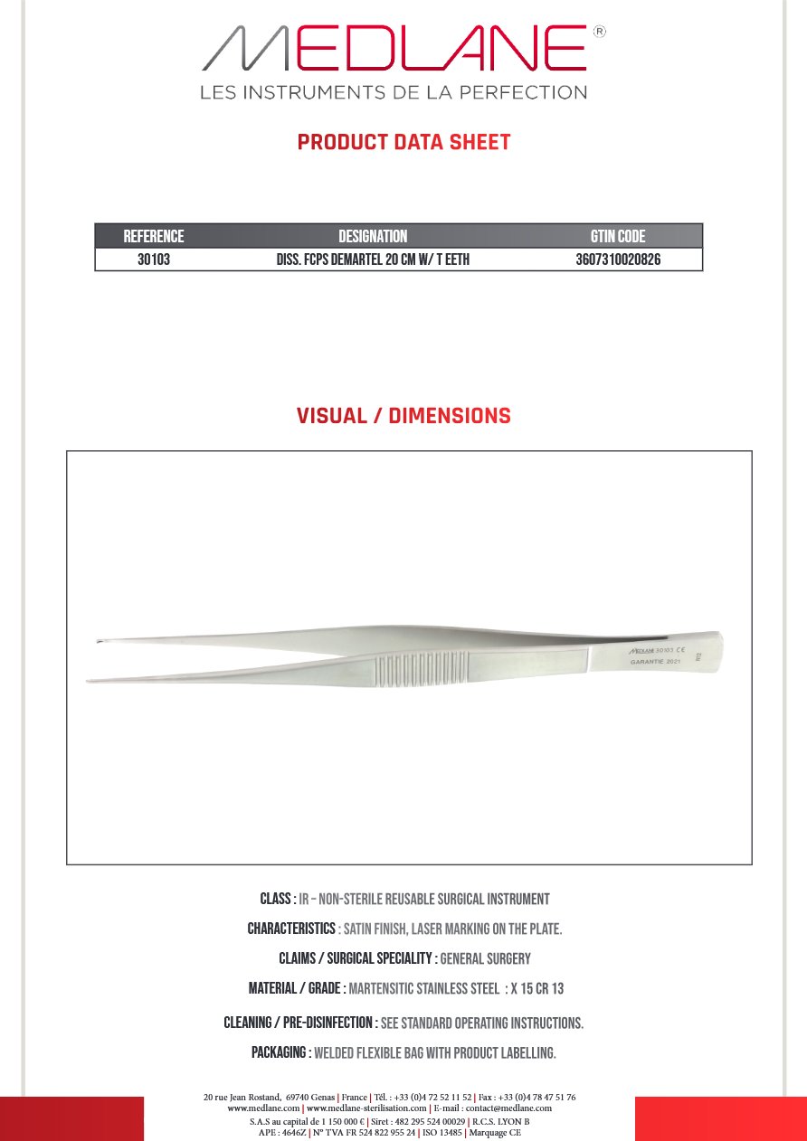 Photo produit MEDLANE : Pince Dissection Demartel 200 mm a Griffes, référence 30103P