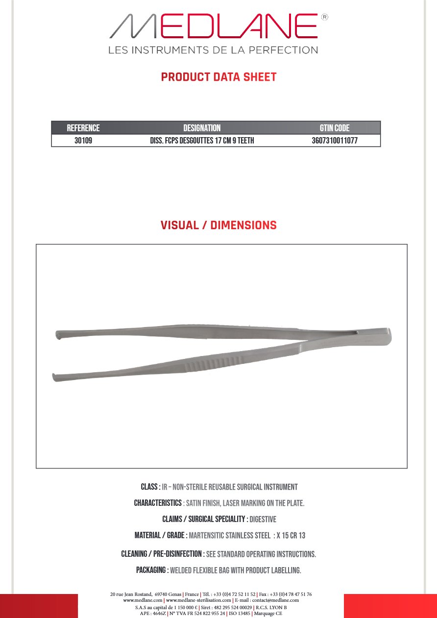 Photo produit MEDLANE : Pince Dissection Desgouttes 170 mm 9 Griffes, référence 30109P