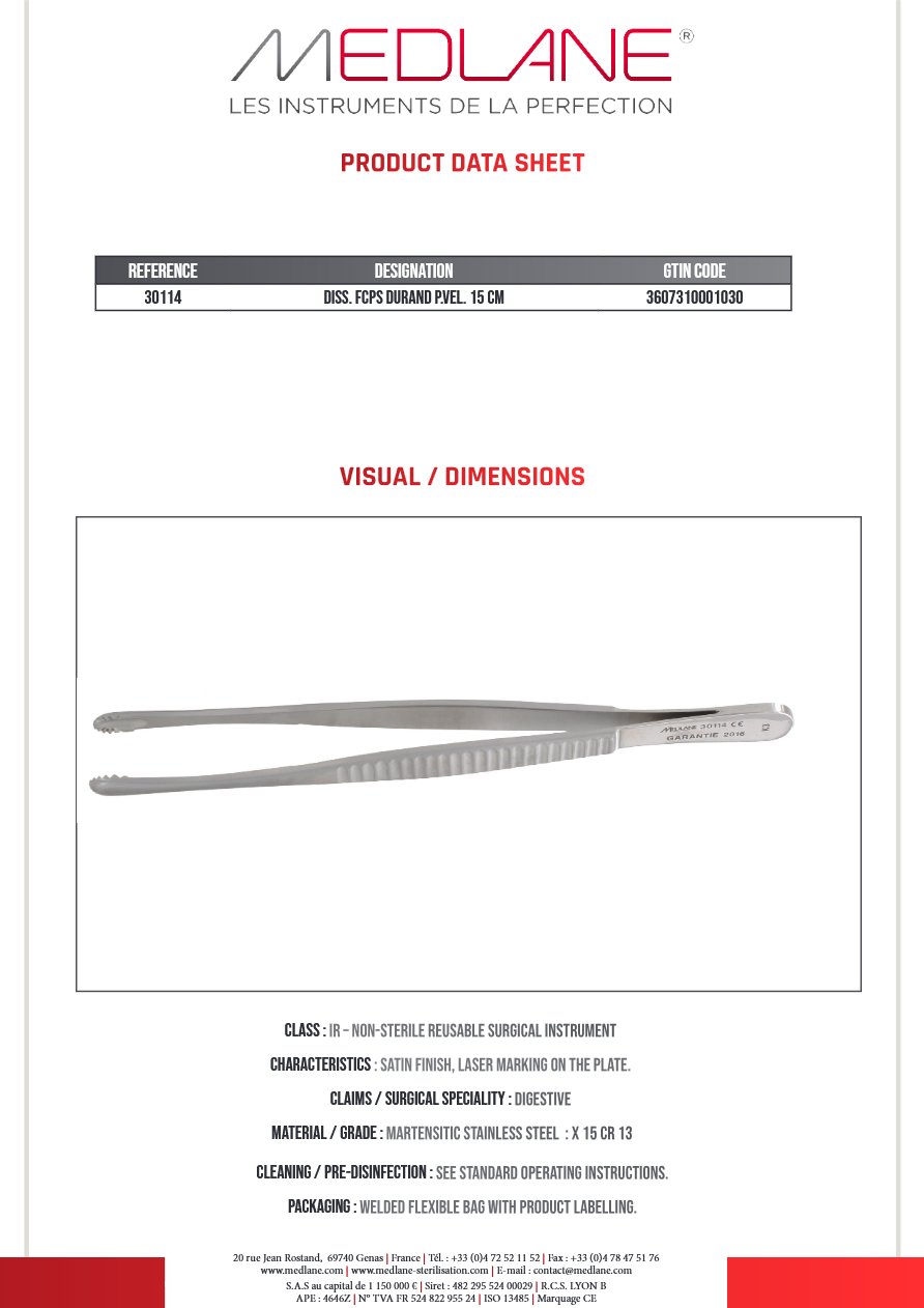 Pince Diss. Durand Patte de Velours 150 X 7 mm — REF 30114P