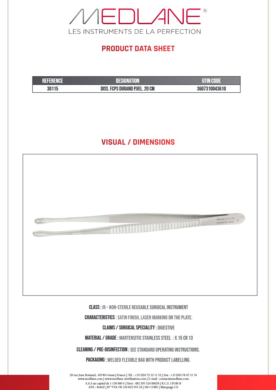 Photo produit MEDLANE : Pince Dissection Durand Patte de Velours 200 X 7 mm, référence 30115P