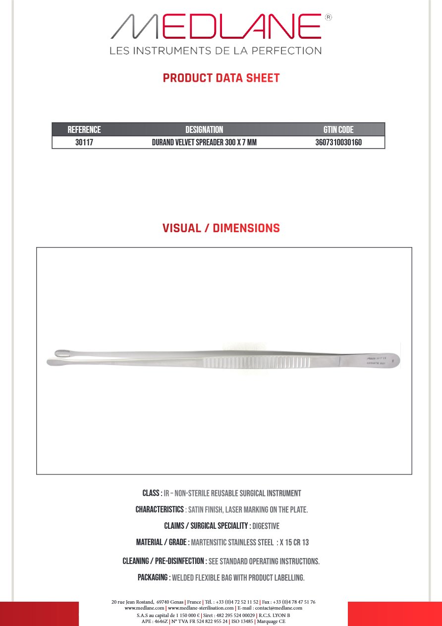 Pince Diss. Durand Patte de Velours 300 X 7 mm — REF 30117P