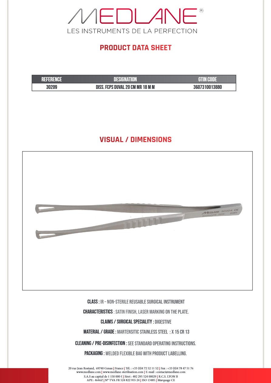 Photo produit MEDLANE : Pince Dissection Duval 200 mm Mr 18 mm, référence 30209