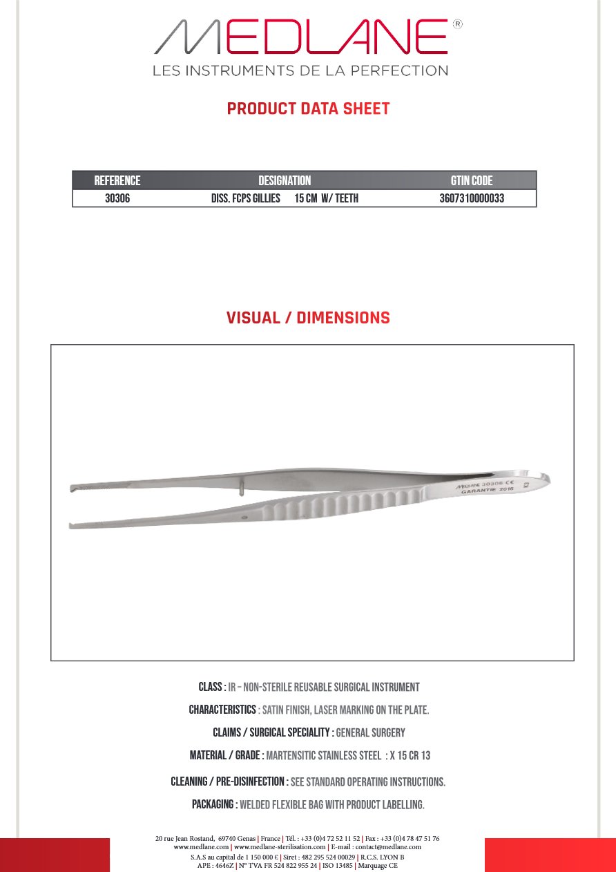 Photo produit MEDLANE : Pince Dissection Gillies 150 mm a Griffes, référence 30306P
