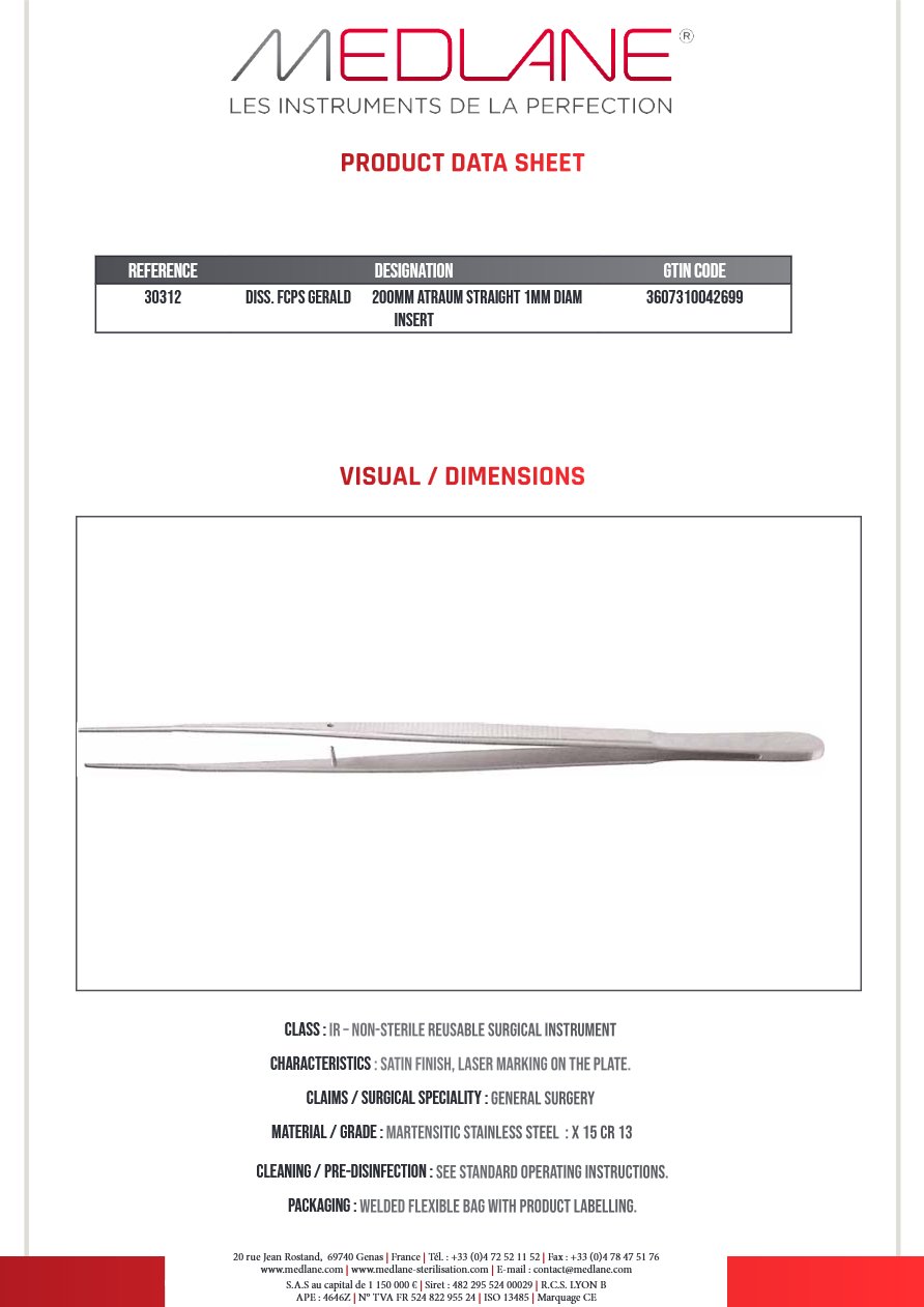 Pince Diss. Gerald 200 X 1 mm Drte Atrauma Diam-insert — REF 30312