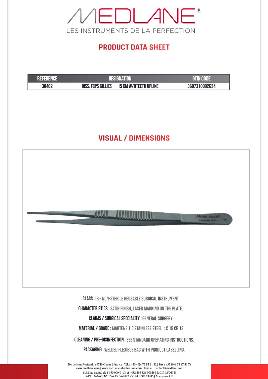 Photo produit MEDLANE : Pince Dissection Gillies 150 mm Ss Griffes upline, référence 30402