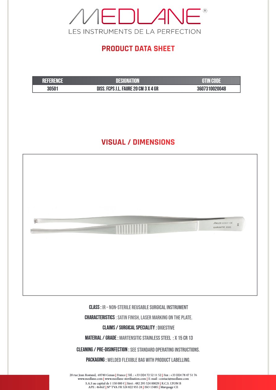 Photo produit MEDLANE : Pince Dissection J. l. Faure 200 mm 3 X 4 Griffes, référence 30501P