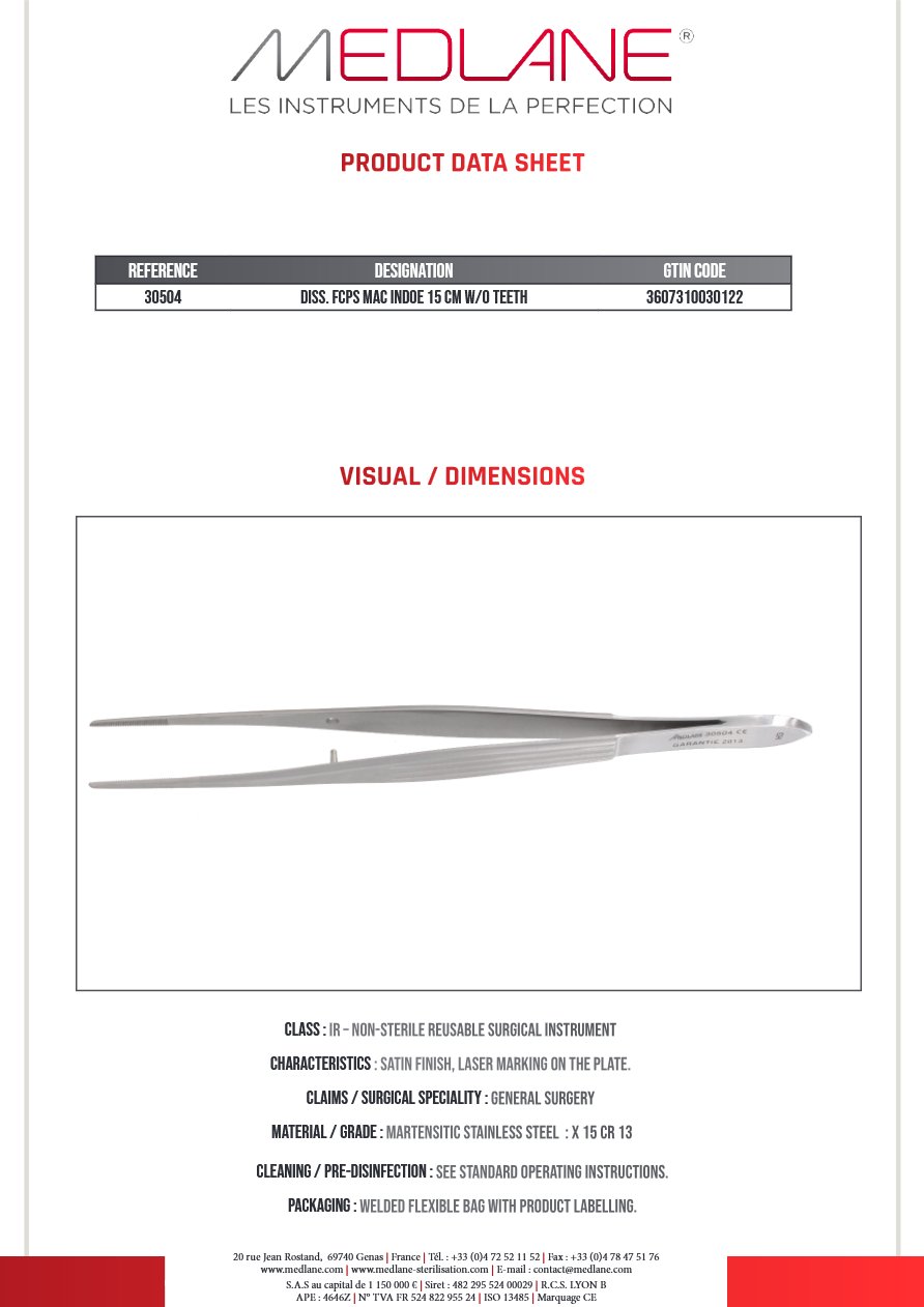 Photo produit MEDLANE : Pince Dissection Mac Indoe 150 X 1,8 mm Ss Griffes, référence 30504P