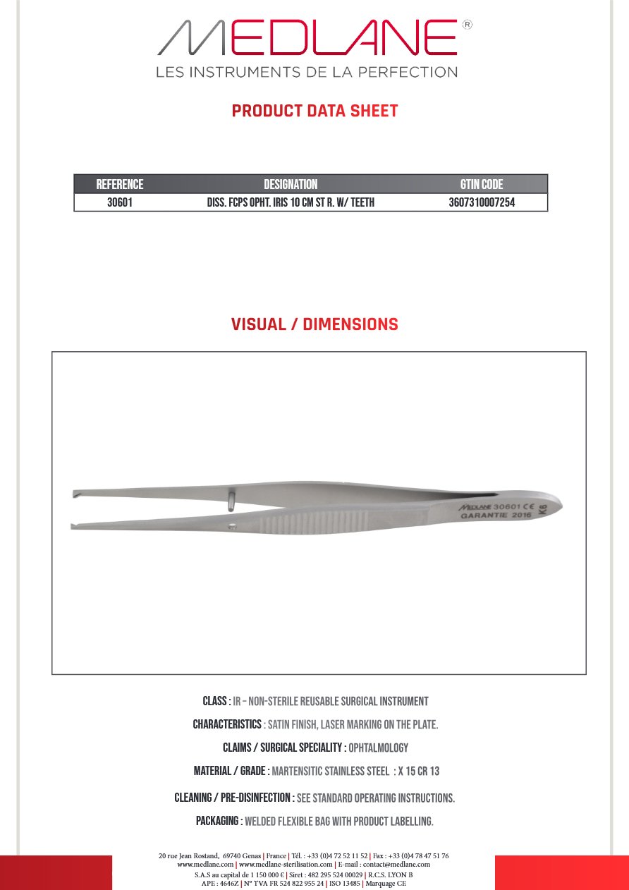 Pince Diss. Opht. Iris 100 mm Droit a Gr — REF 30601P