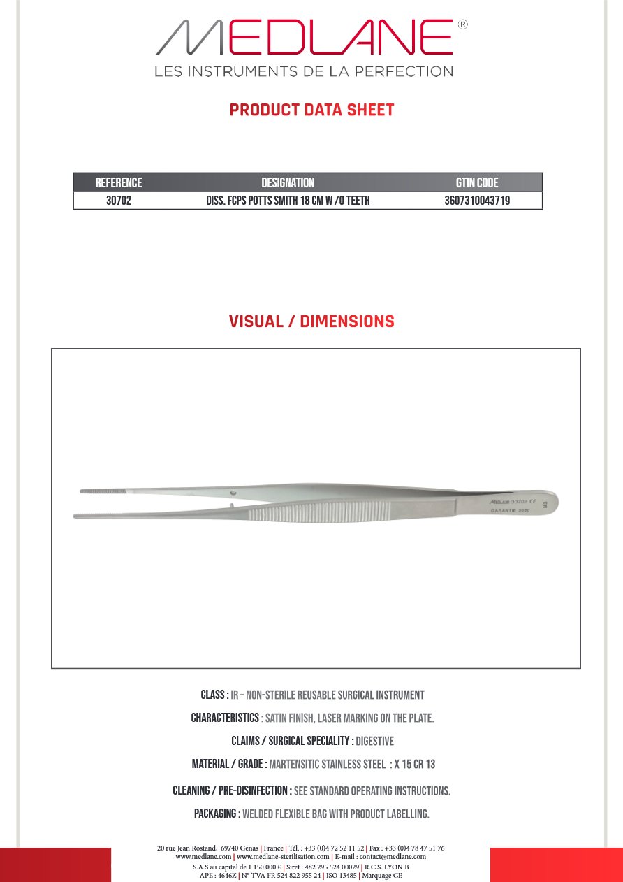 MEDLANE product photo: Pince Dissection Potts Smith 180 mm Ss Griffes, reference 30702