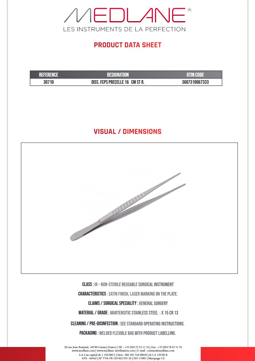 Photo produit MEDLANE : Pince Dissection Precelle 160 mm Droite, référence 30710P
