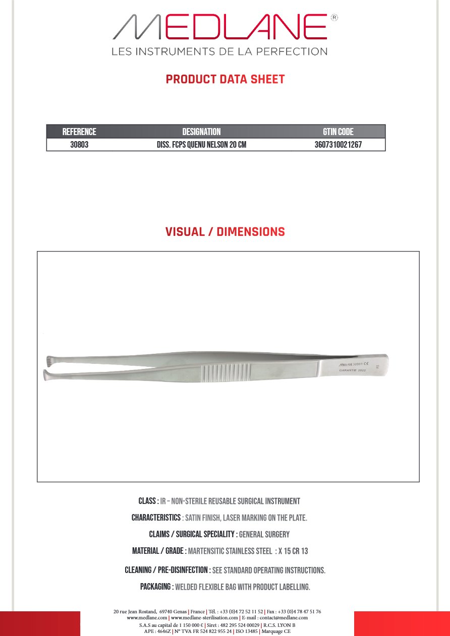 Photo produit MEDLANE : Pince Dissection Quenu Nelson 200 mm, référence 30803P