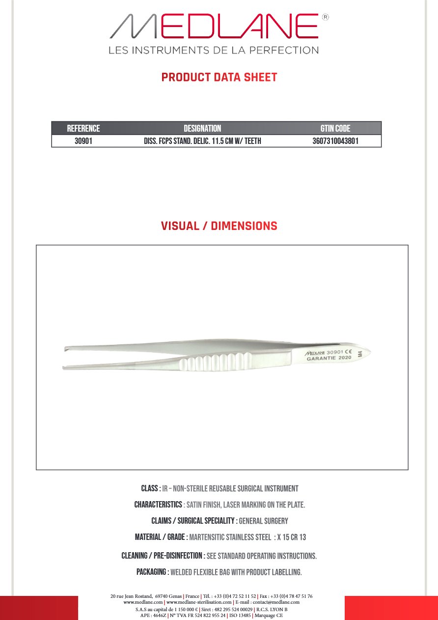 Silhouette complète : Pince Dissection Standard Delic 115 mm a Griffes, référence MEDLANE 30901P