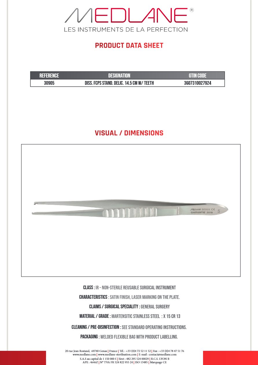 Photo produit MEDLANE : Pince Dissection Standard Delic 145 mm a Griffes, référence 30905P