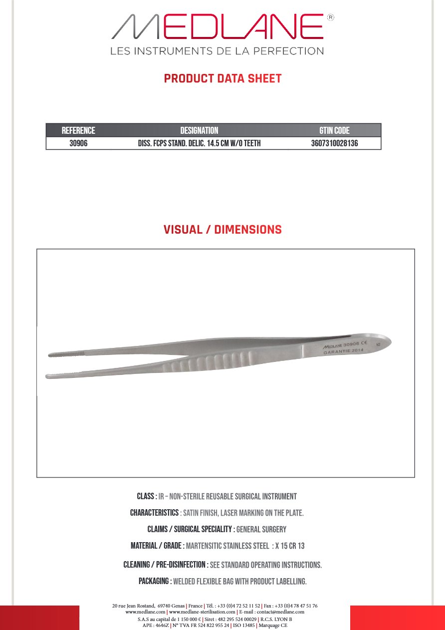 Photo produit MEDLANE : Pince Dissection Standard Delic 145 mm Ss Griffes, référence 30906P