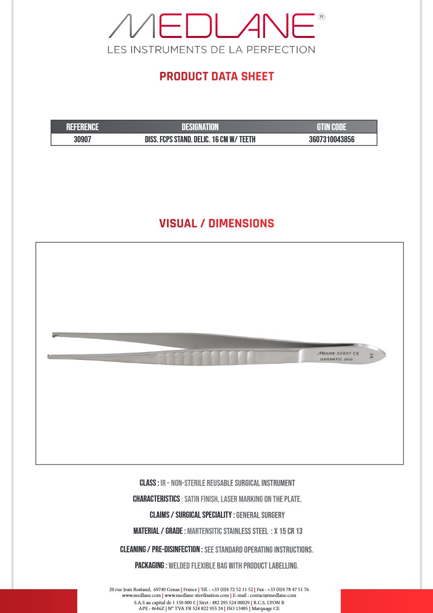 Photo produit MEDLANE : Pince Dissection Standard Delic 160 mm a Griffes, référence 30907P