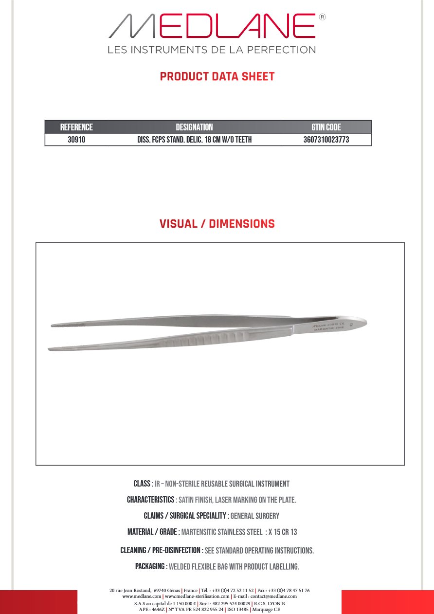 Photo produit MEDLANE : Pince Dissection Standard Delic 180 mm Ss Griffes, référence 30910P