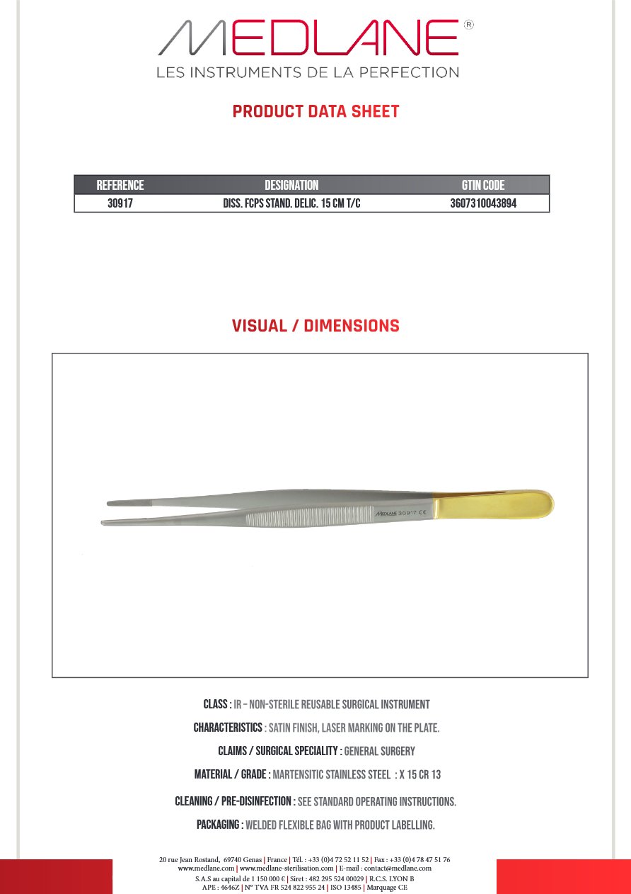 Photo produit MEDLANE : Pince Dissection Standard Delic 150 mm Tungstène, référence 30917P