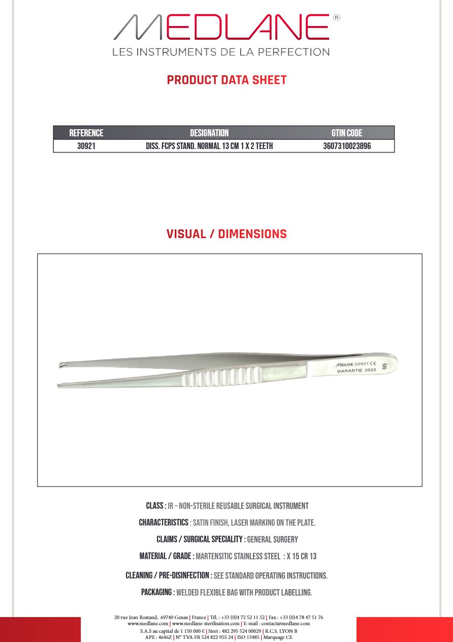 Photo produit MEDLANE : Pince Dissection Standard Norma 130 mm 1 X 2 Griffes, référence 30921P