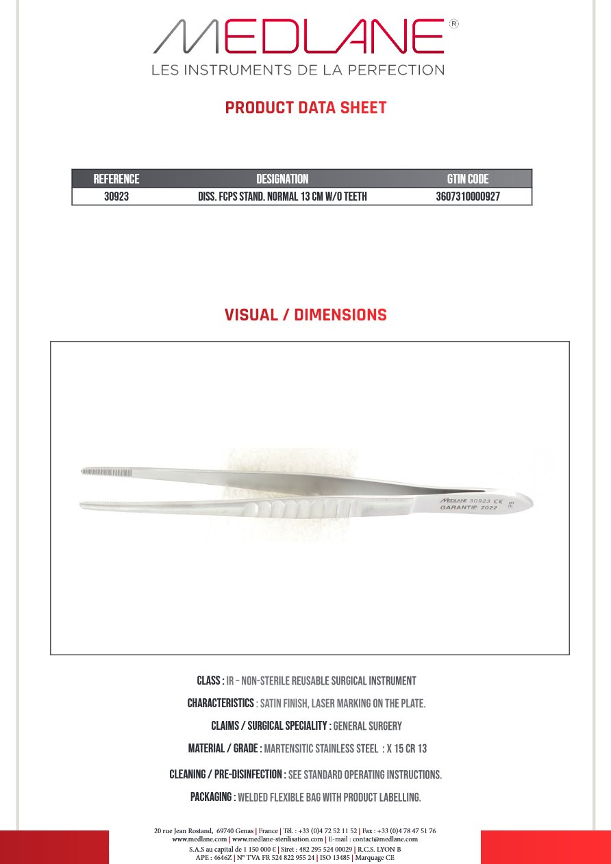 Photo produit MEDLANE : Pince Dissection Standard Norma 130 mm Ss Griffes, référence 30923P
