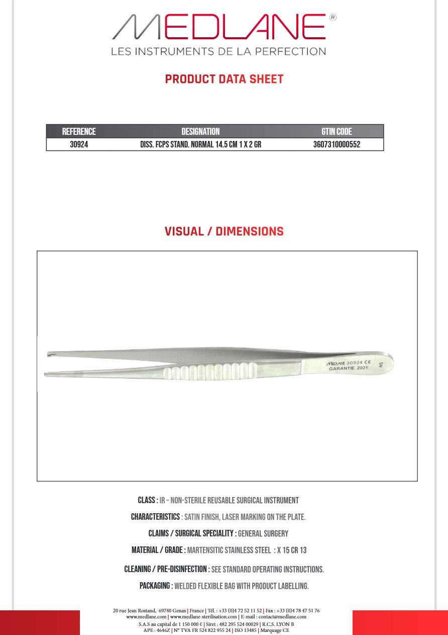 Photo produit MEDLANE : Pince Dissection Standard Norma 145 mm 1 X 2 Griffes, référence 30924P
