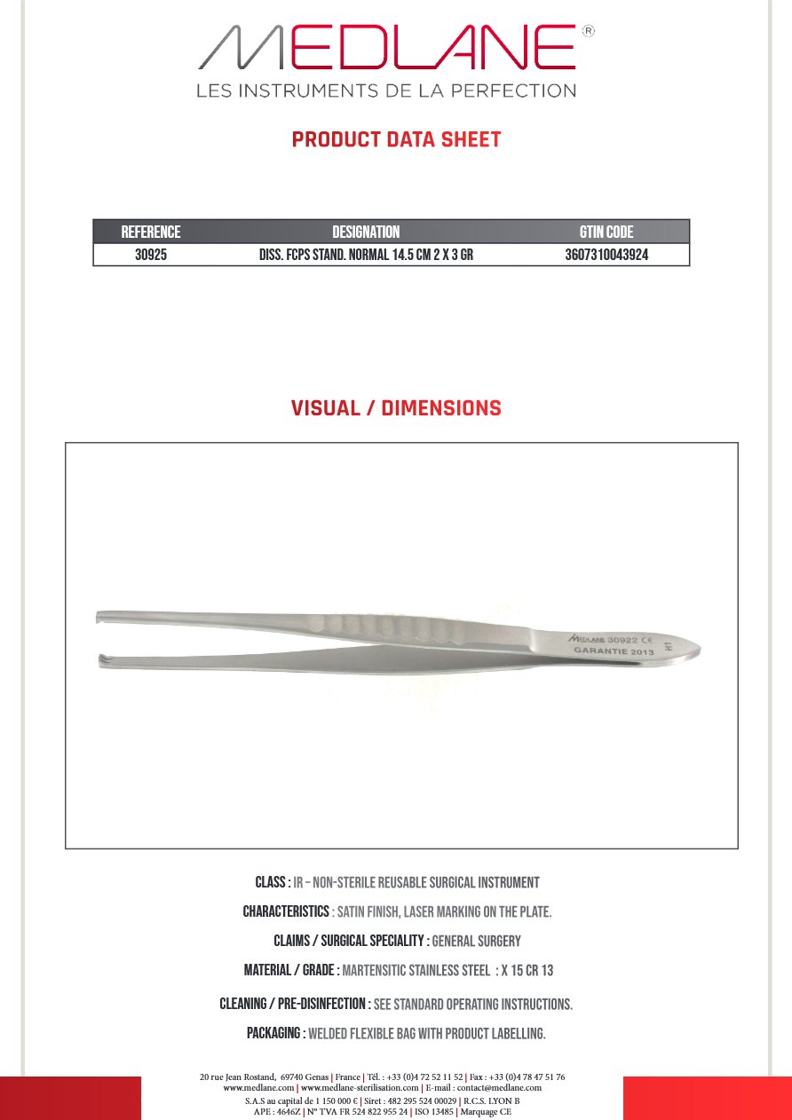 Photo produit MEDLANE : Pince Dissection Standard Norma 145 mm 2 X 3 Griffes, référence 30925P
