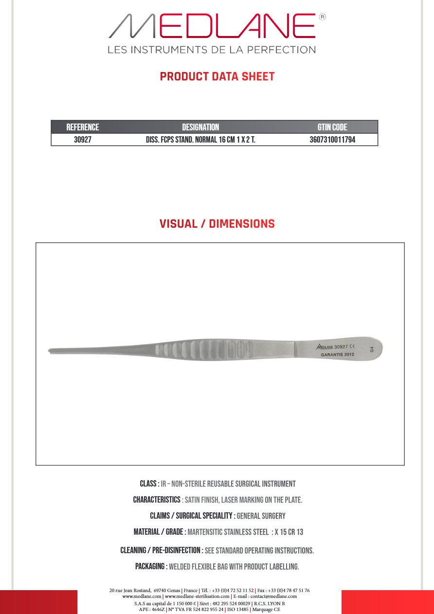 Photo produit MEDLANE : Pince Dissection Standard Norma 160 mm 1 X 2 Griffes, référence 30927P
