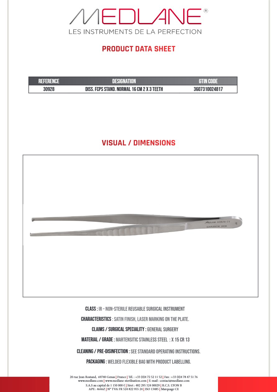 Photo produit MEDLANE : Pince Dissection Standard Norma 160 mm 2 X 3 Griffes, référence 30928P