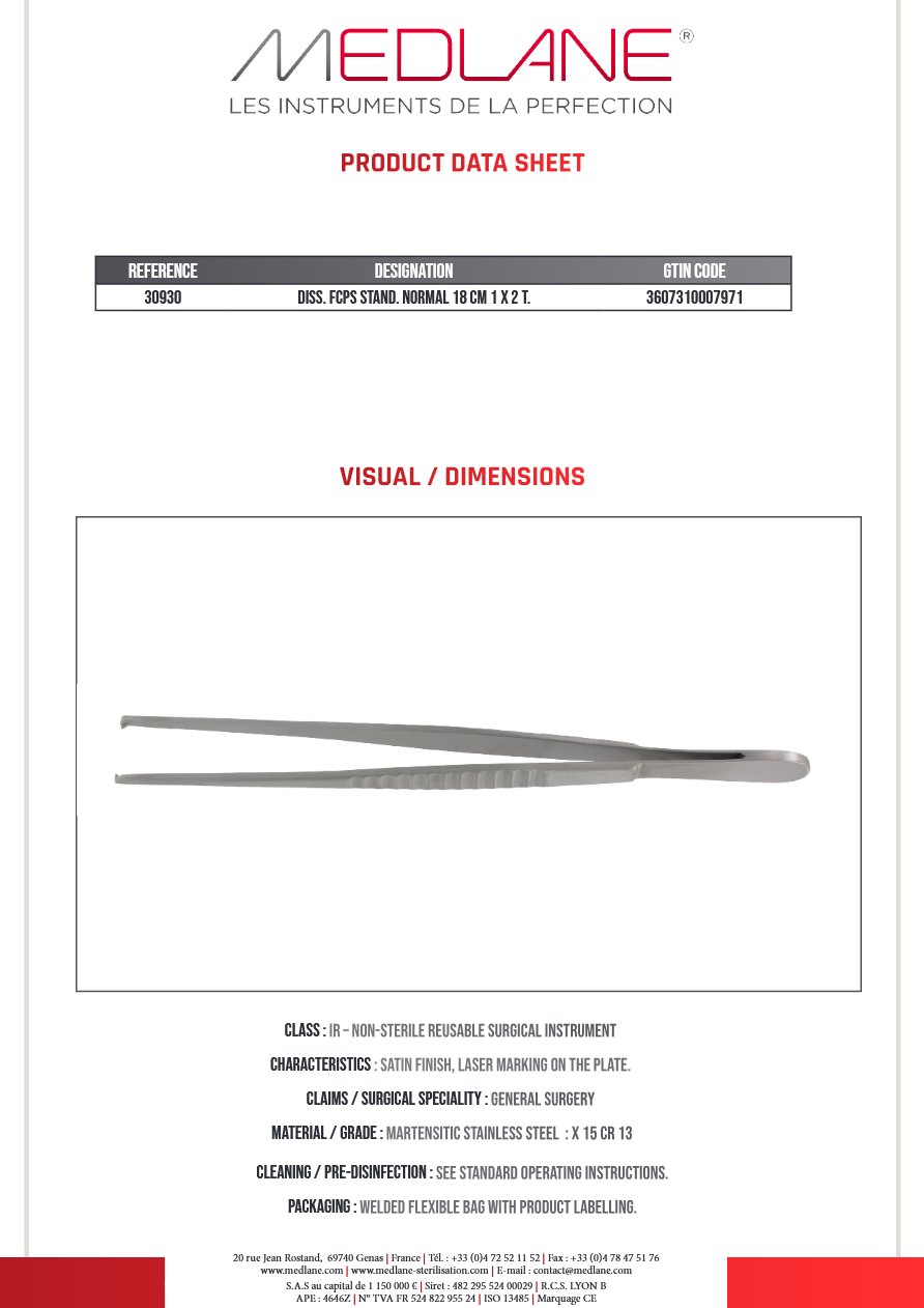 Photo produit MEDLANE : Pince Dissection Standard Norma 180 mm 1 X 2 Griffes, référence 30930P