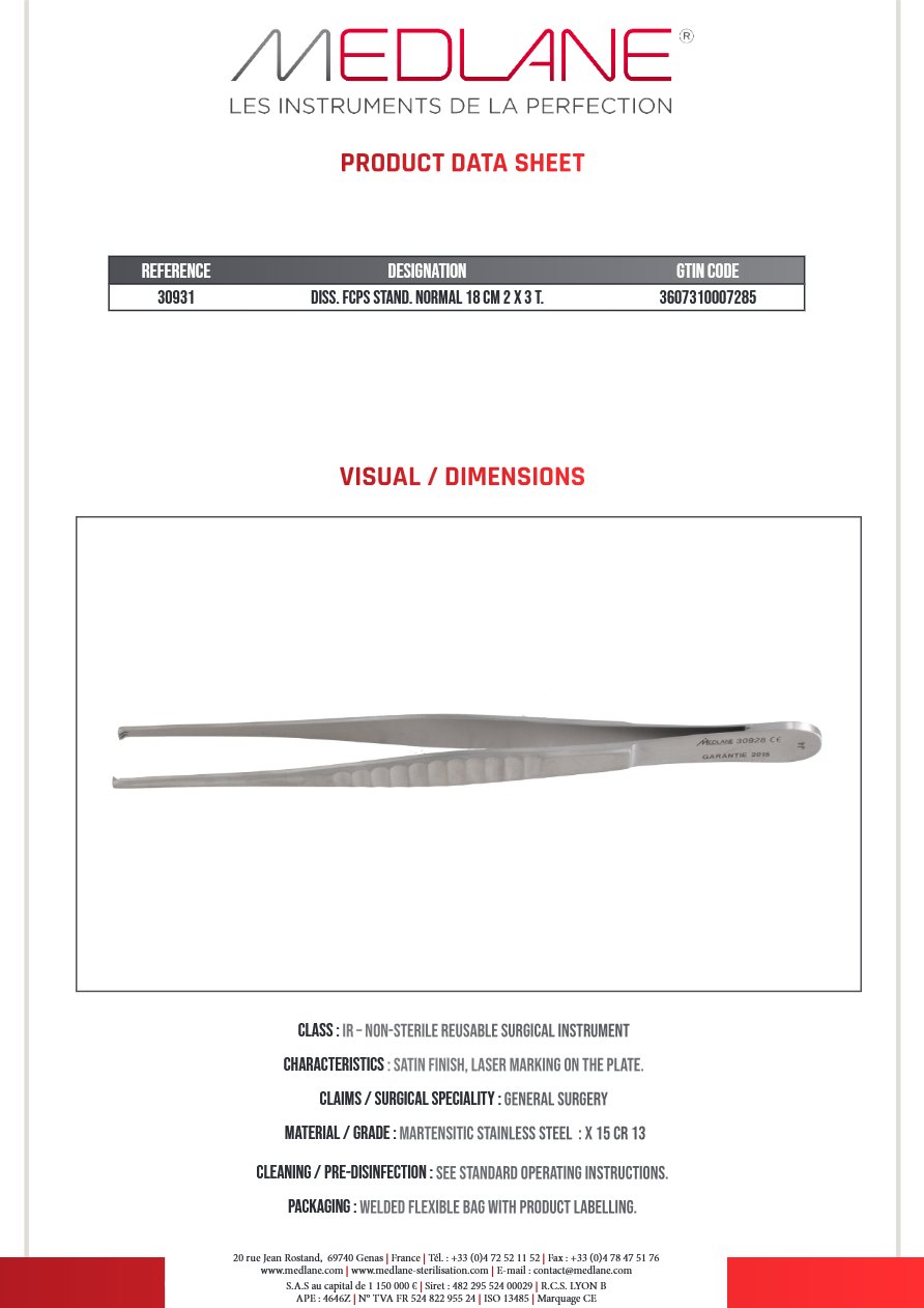 MEDLANE product photo: Pince Dissection Standard Norma 180 mm 2 X 3 Griffes, reference 30931P