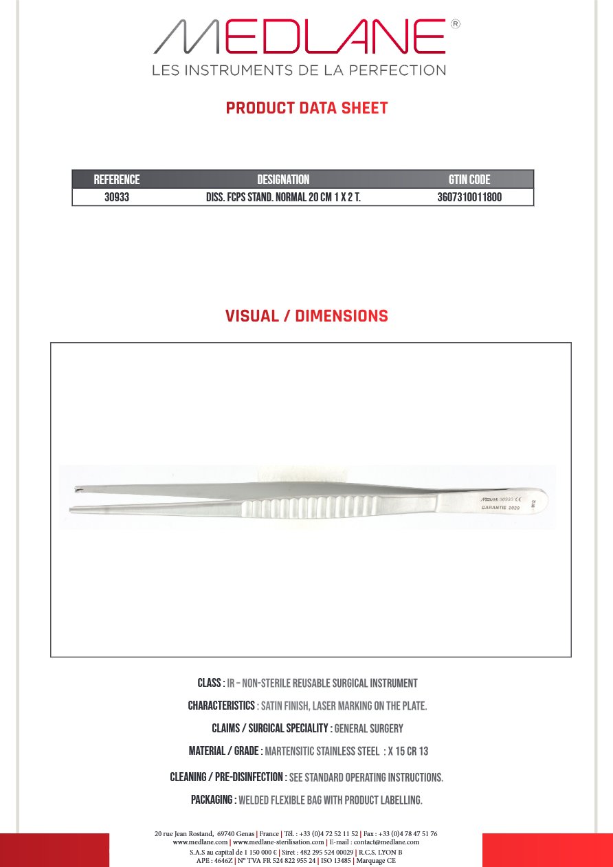 Photo produit MEDLANE : Pince Dissection Standard Norma 200 mm 1 X 2 Griffes, référence 30933P