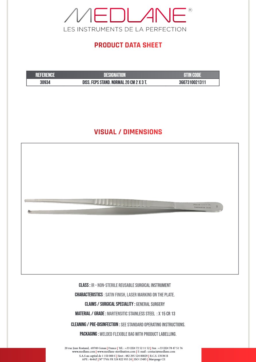 Photo produit MEDLANE : Pince Dissection Standard Norma 200 mm 2 X 3 Griffes, référence 30934P