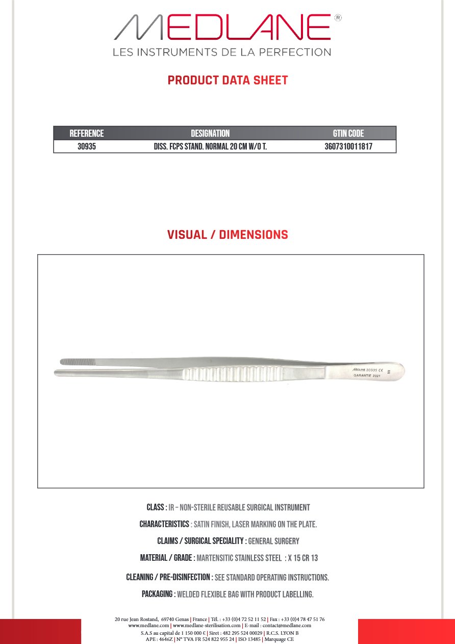 Photo produit MEDLANE : Pince Dissection Standard Norma 200 mm Ss Griffes, référence 30935P