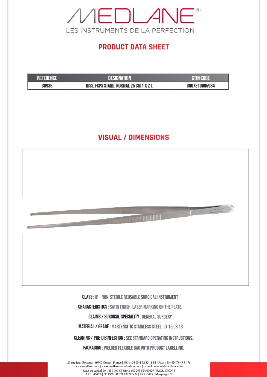 Photo produit MEDLANE : Pince Dissection Standard Norma 250 mm 1 X 2 Griffes, référence 30936P